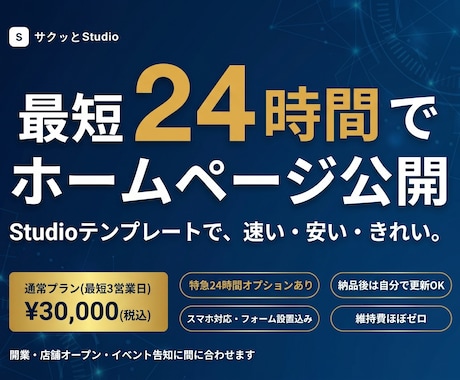 最短24時間！Studioで綺麗なHP作ります 特急オプションで最短24時間。「速い・安い・きれい」を実現 イメージ1