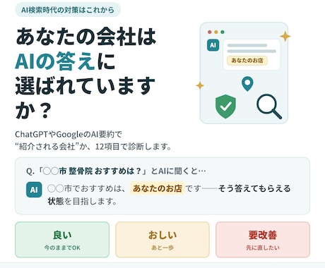 認定SEOコンサルがAI検索の健康診断をします AIの答えに選ばれるか、認定コンサルが12項目で診断します イメージ1