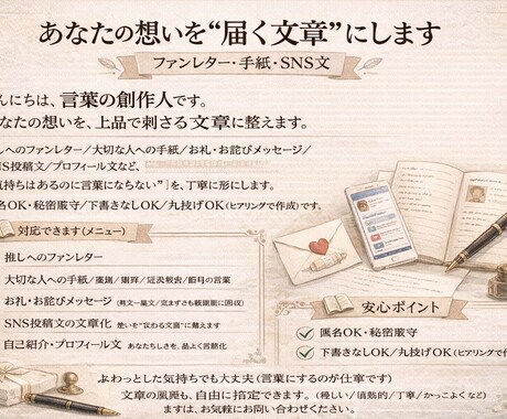 ファンレター/挨拶文/SNS文作成します 言葉の創作人｜あなたの想いを“届く文章”に。 イメージ2