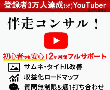 登録者3万人達成YouTuberが2ヶ月伴走します 初心者の方へ：質問に何度でも回答＆週1の打合わせで成果を出す イメージ1