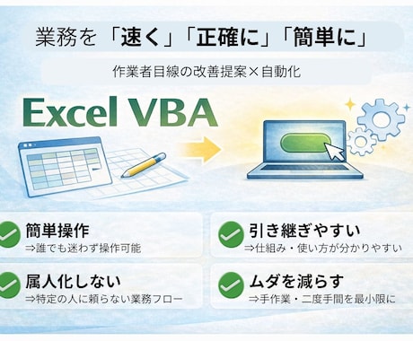 Excel VBAで業務を速く・正確に・楽にします 作業者目線で自動化・業務改善を提案します。 イメージ1