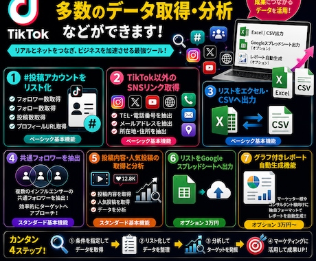 TikTokのデータ取得、分析など出来ます 指定アカウントのプロフィールや投稿情報、リンク情報抽出抽出 イメージ1