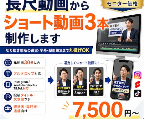 長尺動画からSNS用ショート動画3本を制作します 切り抜き箇所の選定・字幕・縦型編集まで丸投げOKです イメージ1