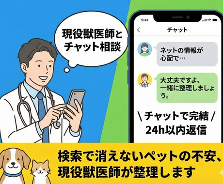 現役獣医師がペットの悩みへの向き合い方を整えます 通院の迷いから日々のケアまで。プロと話して不安を整理。 イメージ1