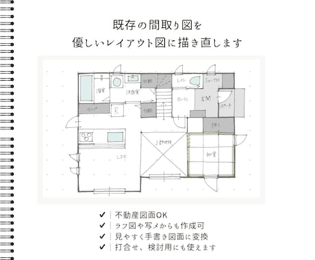 既存の間取り図をやさしい手書き図面に描き直します 女性目線のやさしいタッチで見やすく清書します イメージ2