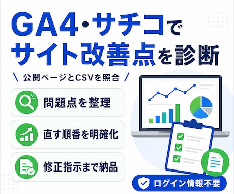 GA4・サチコからサイト改善点を診断します 公開ページとCSVを照合し、直す順番を明確にします イメージ1