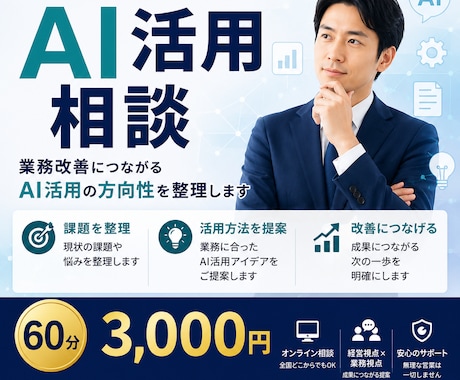 AI導入のご相談を承ります 活用方法をご提案します AI活用の疑問や課題を整理します イメージ1
