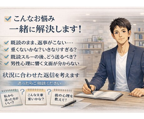 送れない恋愛LINE、状況整理から一緒に整えます 送れずに止まった気持ちを整え、伝える。 イメージ2