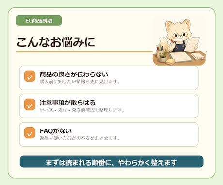 商品説明と購入前FAQ文を整えます 1商品から購入前の不安と説明を整理 イメージ2