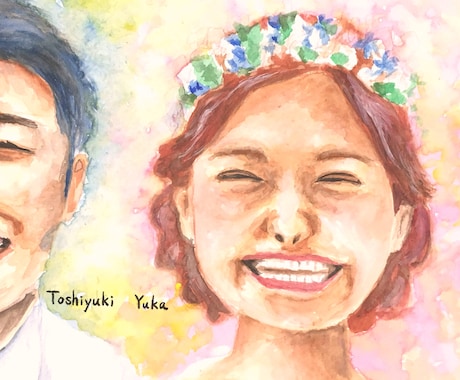 似顔絵ウェルカムボード完全オーダーメイドで描きます 水彩画でお二人の幸せな笑顔を心をこめて描きます イメージ2