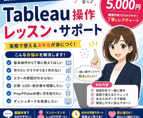 Tableau操作レッスンいたします 画面共有で実務レベルまで丁寧にお伝えいたします イメージ1