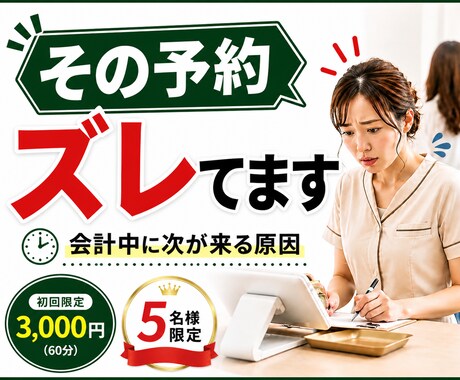 サロン予約改善｜会計中に次が来る原因を特定します 「あと10分あれば回るポイント」を特定し、予約の並びを修正 イメージ1