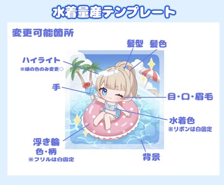 夏にぴったり‼️水着量産イラスト描きます 商用利用料金込！かわいいミニキャラの女の子です！ イメージ2