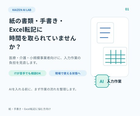 医療・小規模事業者向けにAIで入力作業を楽にします 手書き書類、紙帳票の負担をAIOCRと業務整理で減らします。 イメージ2