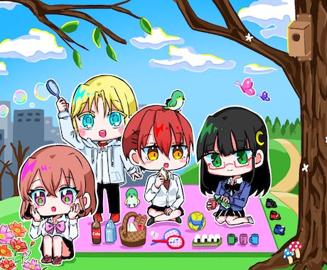 最大10人まで背景有りのミニキャラ一枚絵を描きます 生き生きとしたキャラクター達を描きます！ イメージ2