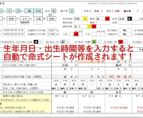 自動で命式作成！四柱推命Excelソフト販売します 蔵干、日干エネルギー・行運の判断要素等がカスタマイズ可能！ イメージ2