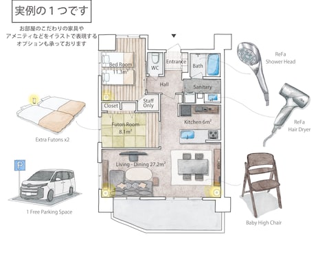 家具も再現！水彩でおしゃれな手描き間取り図描きます 民泊/プレゼン/販売図面に使える空間デザイナーが描く水彩図面 イメージ2