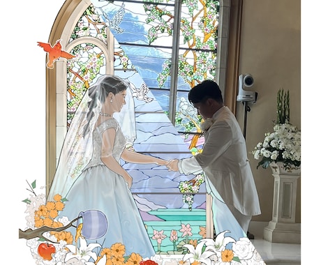 写真を元に繊細なウェディングイラスト作成します 「ポーズはこれ、衣装はこっち」など絵ならではの要望を叶えます イメージ2