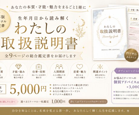 生年月日から9ページの取扱説明書を作成します 本質・才能・仕事・人間関係を一冊に。あなただけの保存版鑑定書 イメージ1