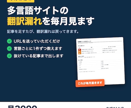 多言語化したサイトの翻訳漏れを点検します 1回だけのお試しも承ります。毎月でなくて大丈夫です イメージ1