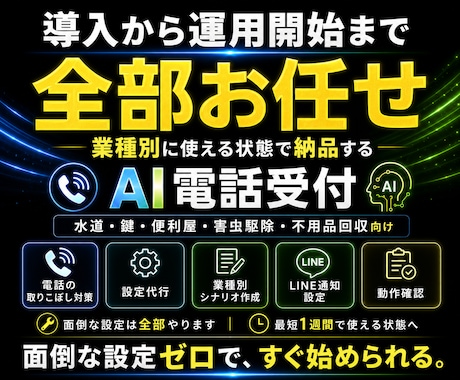 電話の取りこぼしを防ぐAI電話受付を作ります 24時間受付・LINE通知・一次対応を自動化・売上アップ イメージ1