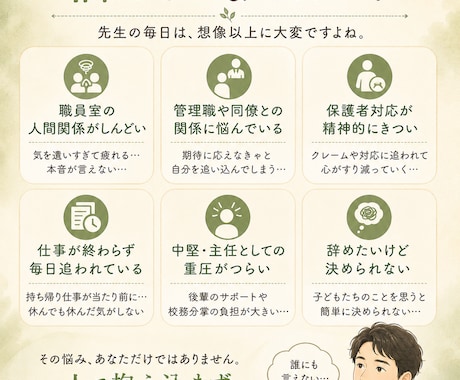 先生だから言えない仕事の悩みをお聴きします 教員歴23年｜職場・人間関係・保護者対応の本音を受け止めます イメージ2