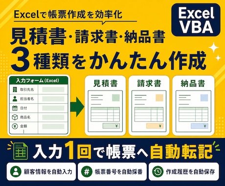 見積書・請求書・納品書を自動作成しますます 一度の入力で3種類の帳票をかんたん作成！ イメージ1