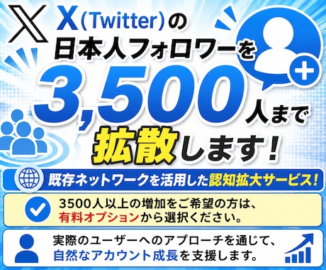 Xの日本人フォロワーを3500人まで拡散します Twitter 既存ネットワークを活用した認知拡大サービス！ イメージ2