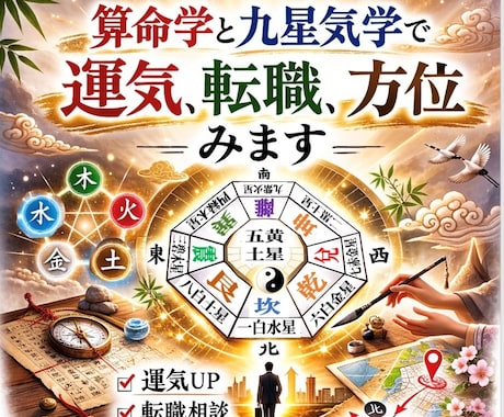 今年の運気方角、算命学と気学で転居転職みます 今の貴方に適した職や働き方、転職、転居の方位など見ます。 イメージ1