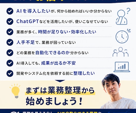 業務棚卸を実施しAI活用プランを提案します AIで何を自動化すべきか、一緒に整理します イメージ2