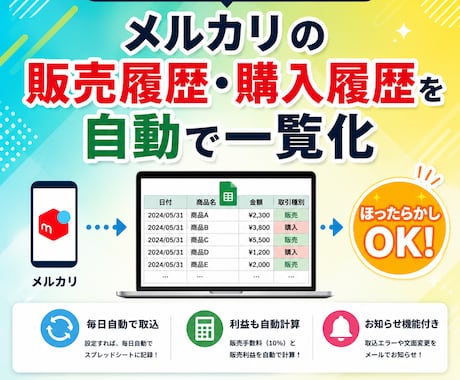 メルカリの売買履歴を自動で一覧化します 設定後は毎日自動で記録。手動記録から解放されます イメージ1