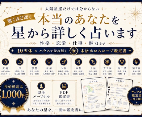 驚くほど深く本当のあなたを星から占います 太陽星座だけでは分からない、本格ホロスコープ鑑定書 イメージ1