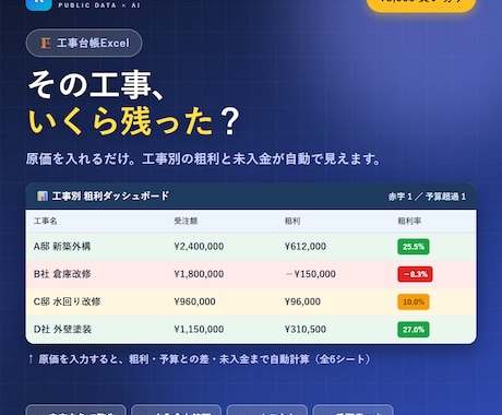 工事台帳Excelで工事別の粗利を見える化します 原価を入れるだけ。工事ごとの粗利と入金状況が自動で分かります イメージ1