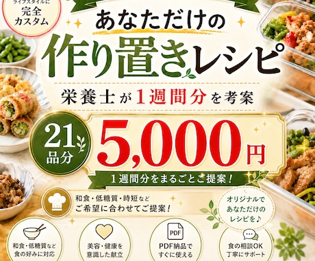 栄養士が1週間分の作り置きレシピを考案します 21品分の簡単ごちそうメニュー｜美容・健康テーマ付き イメージ1