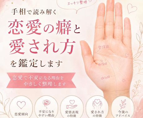 手相で恋愛が不安になる理由と愛され方を鑑定します 恋愛の癖・不安・愛情表現をやさしく整理します イメージ1