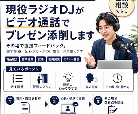 現役ラジオDJがビデオ通話でプレゼンを添削します 話す順番・伝わり方・声の印象を一緒に整えます イメージ1
