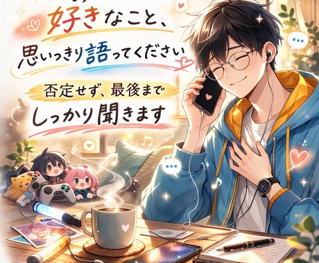 あなたの推しや趣味を全力で聞きます 熱量そのまま語って大丈夫な場所です遠慮せず語れる安心空間 イメージ1