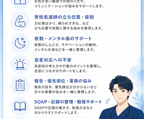 男性看護師ならではの悩みをサポートします 男性看護師特有の不安や人間関係をサポート イメージ2