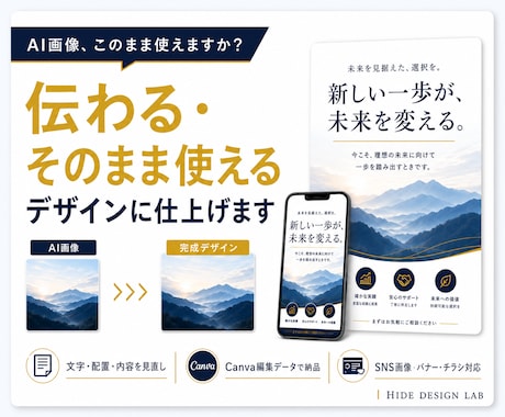 AI画像を伝わるデザインに仕上げます 文字・配置・内容を整えCanva編集データで納品 イメージ1