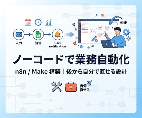 n8nやMakeでノーコード業務自動化を構築します 後から自分で直せる、運用に耐える自動化フローを作ります イメージ1