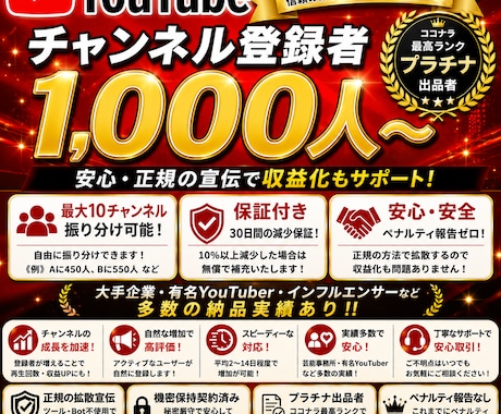 YouTubeチャンネル登録1000人増やします ✅収益化可能/保証付き/チャンネル登録者/ユーチューブ⭕️ イメージ1