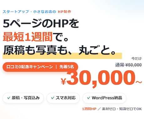 5ページのHPを最短1週間で作ります 原稿も写真もこちらで用意。素材ゼロ・知識ゼロでOK。 イメージ1