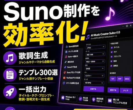 Suno楽曲制作支援ツール販売します Suno制作を効率化するWindowsツール イメージ1