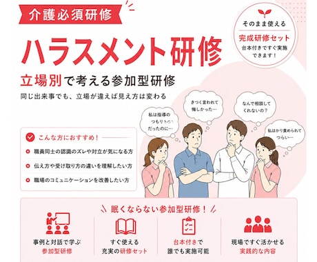 介護・立場別に整理するハラスメント研修を企画します 全5事例でズレを可視化する参加型研修。そのまま実施OK。 イメージ1