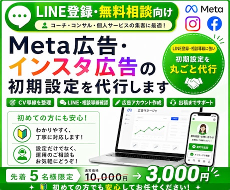 LINE登録向け｜Meta広告初期設定を代行します LINE登録・無料相談につながる広告を配信したい方へ イメージ1