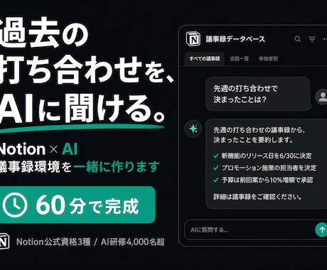 議事録をAIが探して答えるNotion作ります 打ち合わせ内容を踏まえたAIが使える状態にします イメージ1