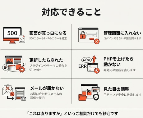 WordPressの不具合を復旧・修正します 白い画面・500エラー・ログイン不可・表示崩れに対応 イメージ2