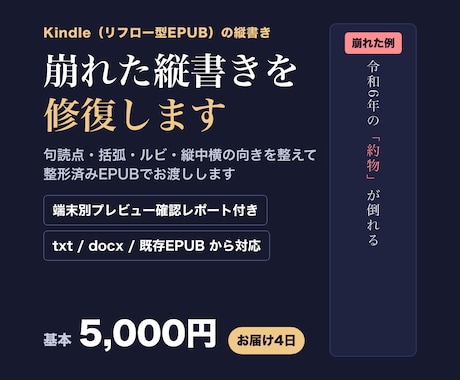 Kindle縦書きの崩れ修復・実機確認します イメージ1