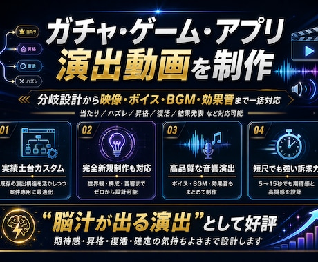 ガチャ・ゲーム・アプリ演出動画を制作します 【納品実績多数】分岐設計から音響まで丸投げで高品質制作！ イメージ1