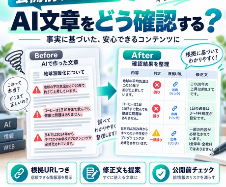 AI生成文章を出典付きで確認します 誤情報をチェックし根拠URLと修正文をまとめます イメージ2